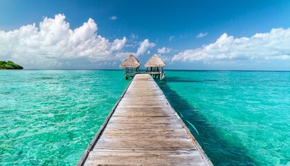 Fototapeta premium Top view from the input dock which leads to a tropical paradise, with clear blue sea water