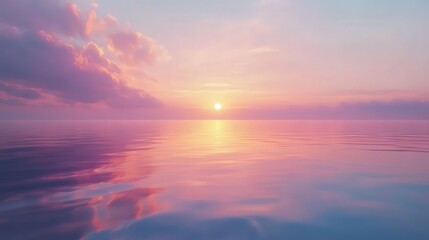 Obraz premium The evening sky over the lake is filled with soft pastel colors, with the sun dipping low on the horizon