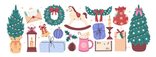 Christmas decoration set. Xmas elements collection. Winter holidays.