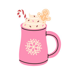 Winter hot beverage. Drink with cream and gingerbread. Cococa. Cozy. Christmas mug.