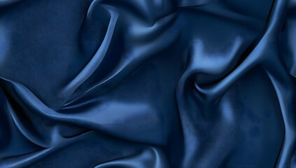 Obraz premium Beautiful dark blue silk satin background. Soft folds on shiny fabric. Luxury background with space for design. Web banner. Flat lay, Table top view. Christmas, Valentine's Day.