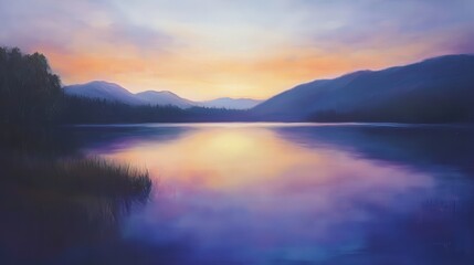 Obraz premium The fading light of the evening sky casts a serene glow over the lake