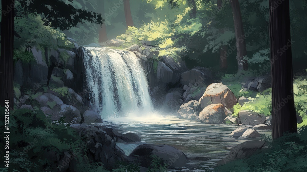 Poster the forest is alive with the sound of a small waterfall cascading into a stream.