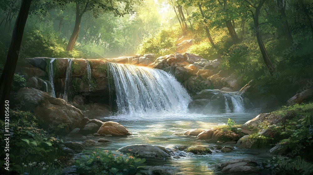Poster the forest is alive with the sound of a small waterfall cascading into a stream.