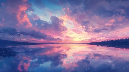 Naklejka premium The lake glows with the colors of the evening sky, where the fading sunlight blends into the cool tones of dusk.