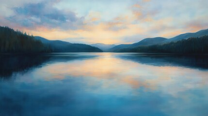 Obraz premium The lake is bathed in the soft, golden light of evening as the sky overhead shifts from warm hues to cool shades of blue
