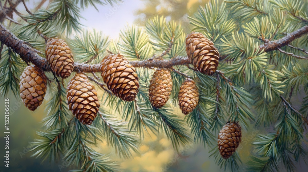 Poster the pine branch is adorned with clusters of pine cones, each with intricate patterns on its scales.