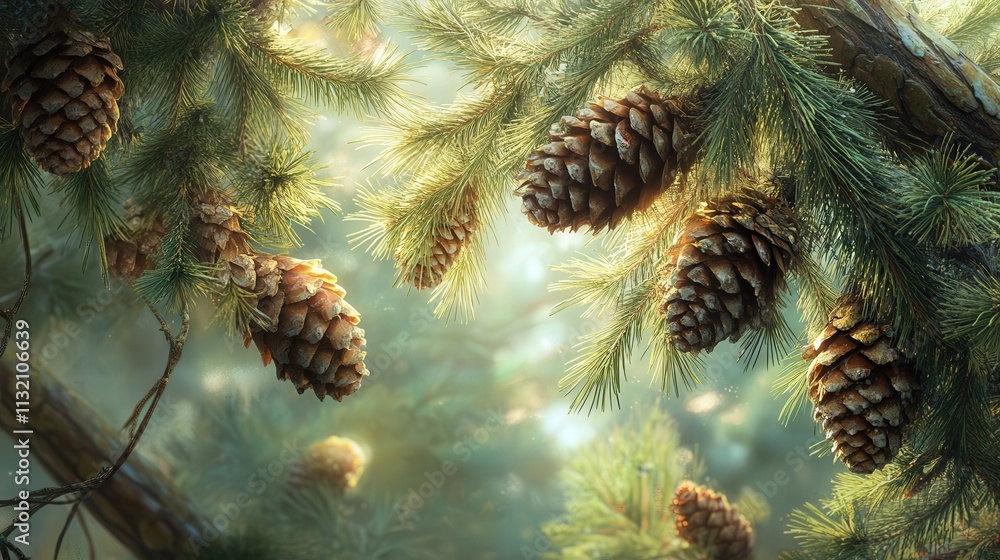 Poster the pine branch is adorned with clusters of pine cones, each with intricate patterns on its scales.