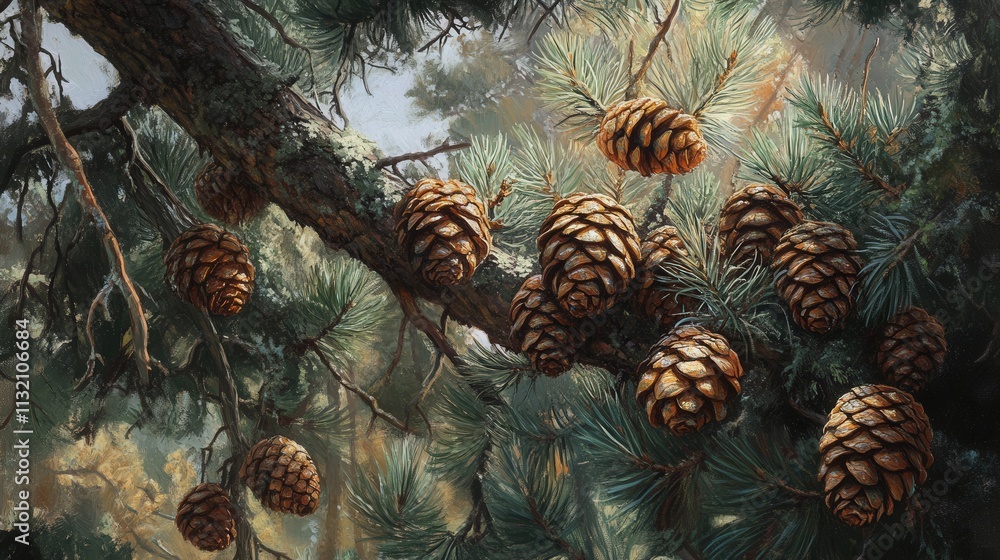 Poster the pine branch is adorned with clusters of pine cones, each with intricate patterns on its scales.