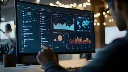 65. A person analyzing ad metrics on a computer screen with a detailed dashboard view