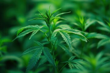 Fototapeta premium Close-up of green cannabis plant leaves in natural light.