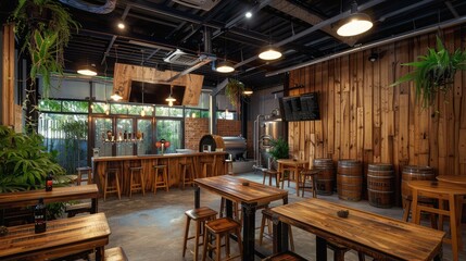 Industrial Brewpub with Rustic Wood Accents and Cozy Atmosphere