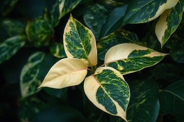 Obraz premium Close-up of variegated green and cream leaves.