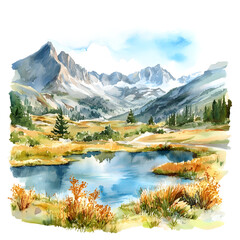 Fototapeta premium Landscape with mountains and lake isolated on transparent background, cutout