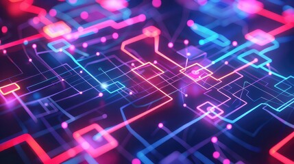 Obraz premium Vibrant Neon Circuit Board with Futuristic Glowing Pathways