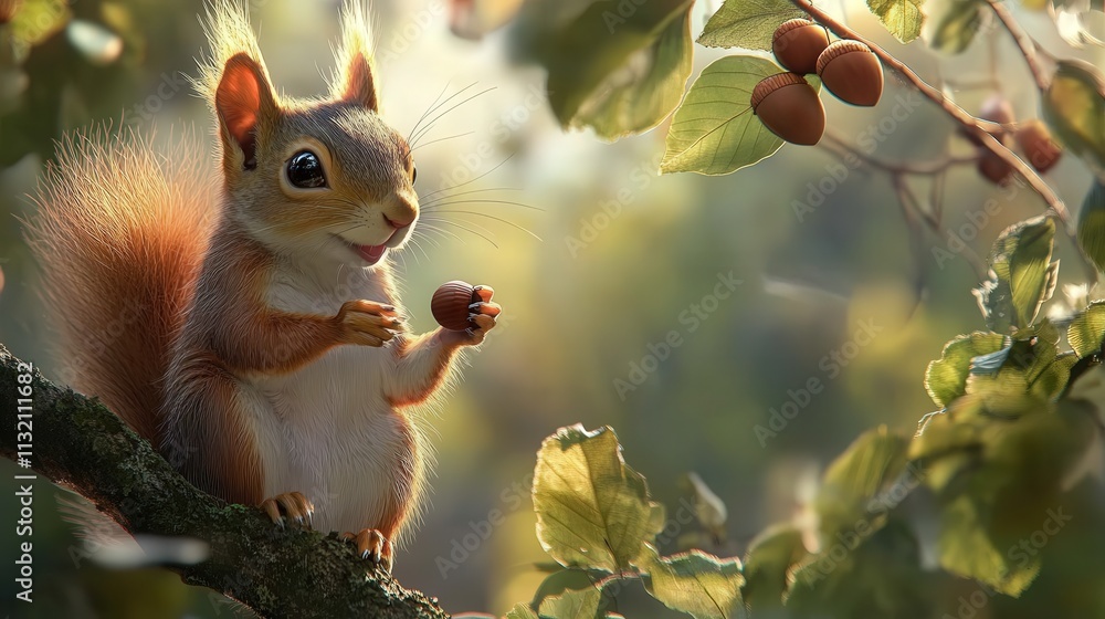 Poster the squirrel sits still on a branch, whiskers twitching as it nibbles an acorn, perfectly at home in