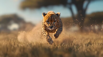 Close-up of cheetah sprinting across a grassy plain