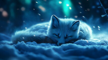 Arctic fox curled up and sleeping on icy terrain