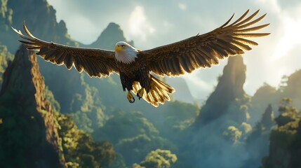 Bald eagle soaring high above a mountain range