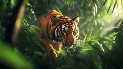 Close up of a Bengal tiger prowling through dense forest