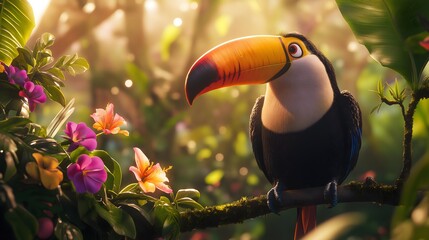 Close up of a colorful toucan perched on a tree branch