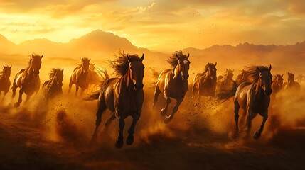 Herd of wild horses running in the dessert during sunset