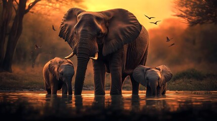 Family of elephant drinking water in the river