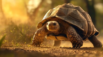 Giant Galapagos tortoise slowly walking on dry terrain