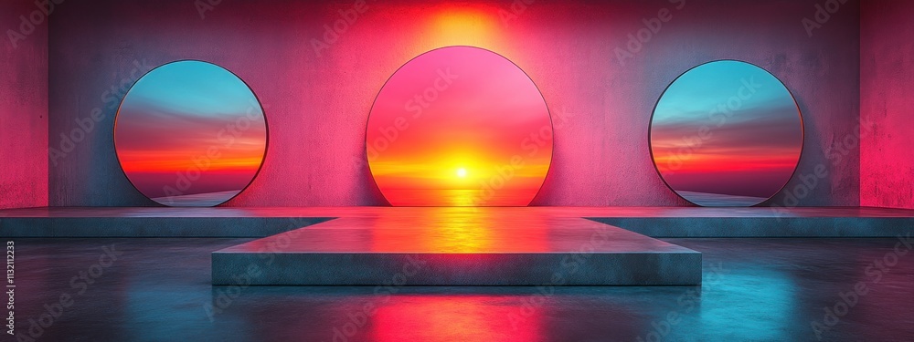 Poster Modern Minimalist Circular Mirrors on Gradient Background with Bright Ambient Lighting