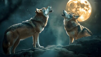 Pair of wolfs howling at night under full moon