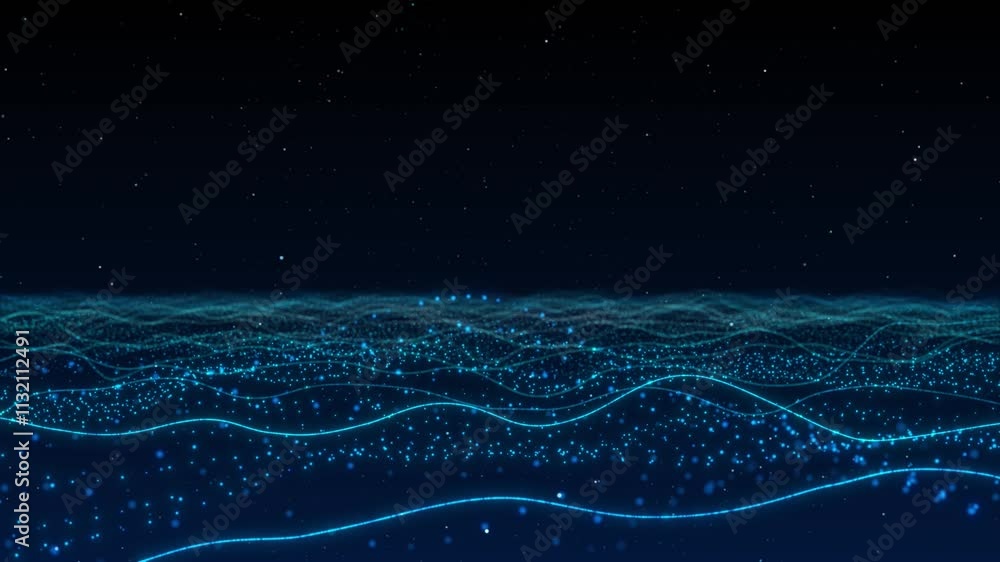 Poster digital cyber or technology background blue wave light flowing small particles dance motion. cyber b