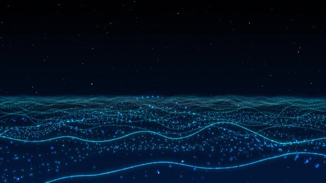 digital Cyber or technology background blue wave light flowing small particles dance motion. cyber Big data visualization Ai big data science, innovation future tech. innovation future tech data,