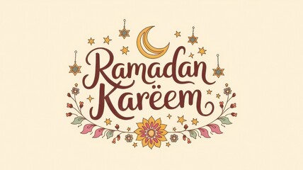 Obraz premium Celebration of Ramadan Kareem with Crescent Moon, Stars, and Floral Ornaments
