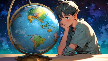 A boy looking at a globe, dreaming about traveling in the new year