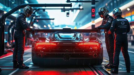 Naklejka premium Professional Pit Crews In Action As Their Team Race Car Arrives At The Pitstop, Generative AI
