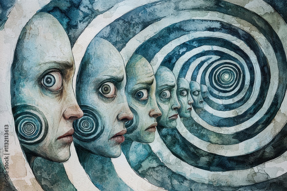 Poster a surreal artwork depicting a series of faces with spiral patterns, creating a sense of depth and in