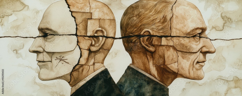 Aufkleber a thought-provoking artwork depicting two faces in profile, split and interconnected, symbolizing du