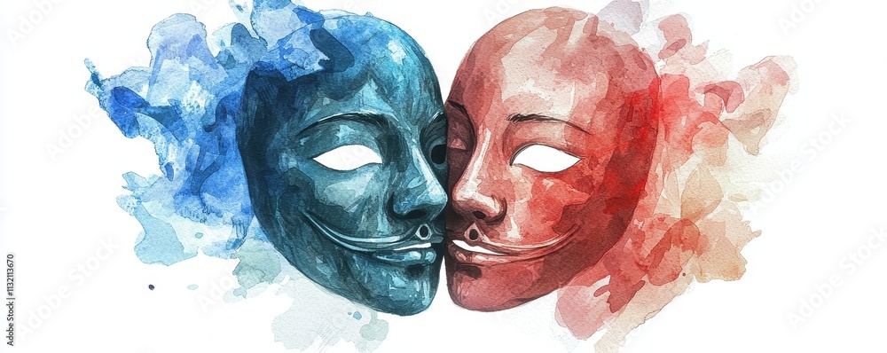 Poster the image features two artistic masks, one blue and one red, surrounded by colorful splashes, symbol