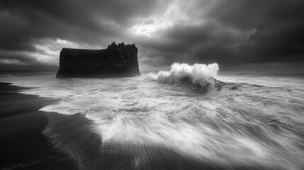 Under a darkening sky, waves rise and crash, pounding against an isolated rock in the sea.