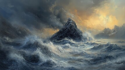 Under a darkening sky, waves rise and crash, pounding against an isolated rock in the sea.