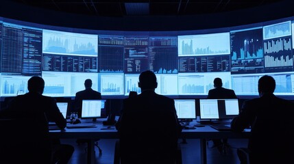 Fototapeta premium Silhouetted figures monitor data on numerous screens in a dark control room.