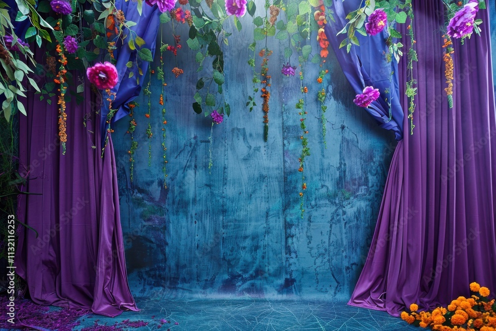 Poster eclectic bohemian style vibrant turquoise studio backdrop with a matte finish, rich purple curtains 