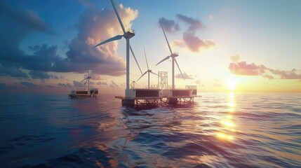 Obraz premium Offshore Wind Turbines at Sunset Over Calm Sea