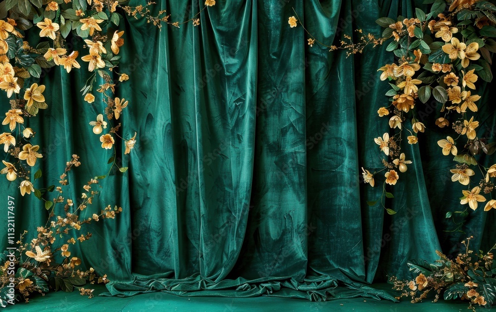 Poster Emerald green studio backdrop with a matte finish, emerald green velvet curtains adorned with golden orchids and trailing ivy. Copy space
