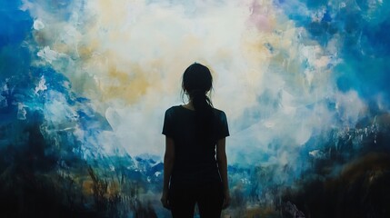 Obraz premium Woman Contemplating an Abstract Landscape Painting