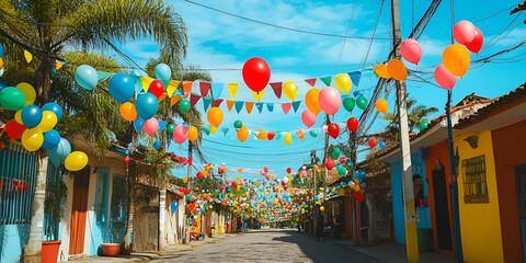 Festive Street with Colorful Balloons Under Blue Sky


