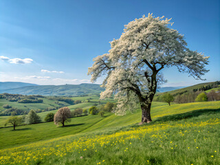 Obraz premium tree in the field. tree, sky, landscape, grass, field, nature, green, spring, meadow, summer, blue, countryside, rural, clouds, cloud, country, horizon, lonely, hill, trees, environment, season, land,