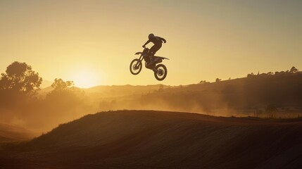 Obraz premium Motocross rider silhouetted at sunset, airborne over a dirt track.