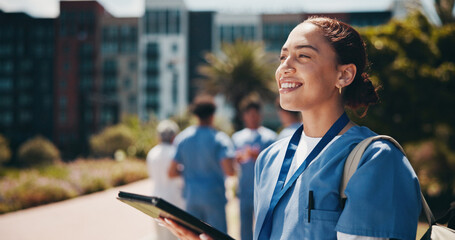 Happy woman, vision and nurse with tablet for internship, med school or healthcare campaign at...