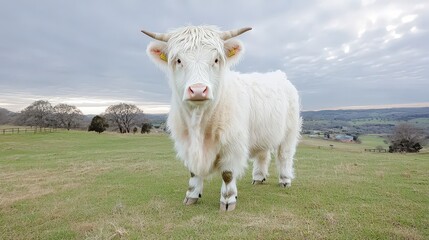 Obraz premium Fluffy White Highland Cow in Green Pasture Rural Landscape